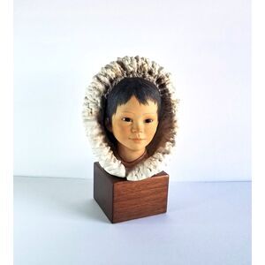 Vtg Signed CYBIS Eskimo Child Snow Bunting Porcelain Bust Head Wood Base 1970s
